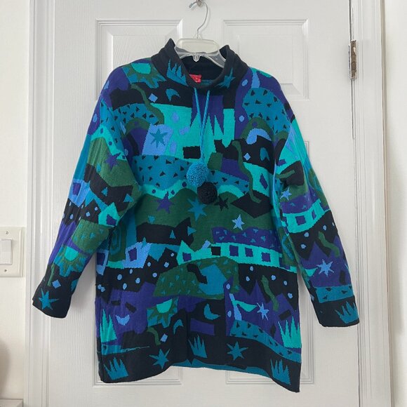 CHACOK FRANCE Mock Neck Sweater Lambswool Size XL Vtg 80s Geometric Design - Picture 1 of 15